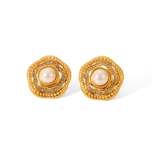 French vintage 18k gold stainless steel earrings with white pearls and flower crystals