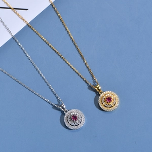 925 silver hollow round necklace with red gemstone and micro-pave white zircons
