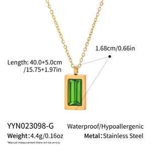 Detailed size chart for gold stainless steel necklace with green zircon pendant