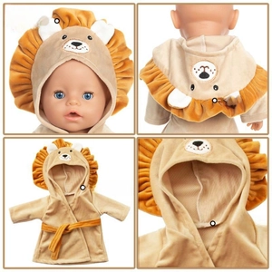 Detail of 18 inch doll lion bathrobe featuring soft flannel fabric and fine embroidery
