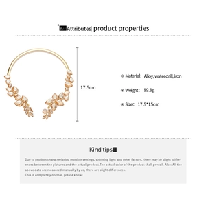 Detail view of champagne water-drop necklace with alloy and crystal material specifications