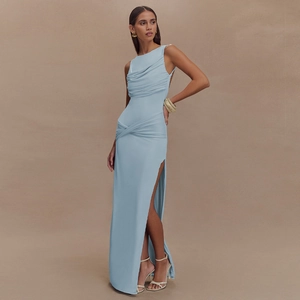 Detail view of the elegant light blue sleeveless maxi dress with slit and gathered folds