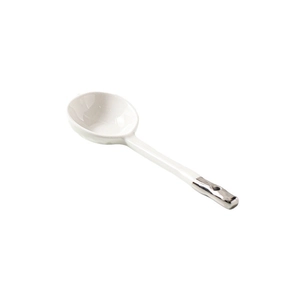 Nordic white ceramic soup spoon with silver metallic handle finish on white background