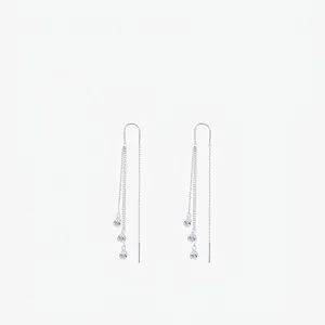 925 Sterling Silver Long Tassel Earrings With Water Drop Zircon Linear Threader Dangle Drop