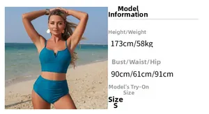 Detail view of teal high-waisted bikini with size guide and model body measurements