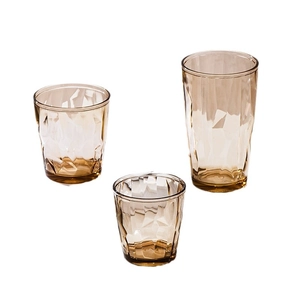 Acrylic amber water cups with diamond cut texture, set of three clear plastic glasses