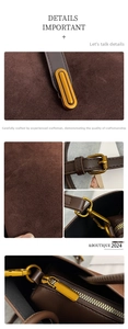 Detailed close-up of golden metal twist lock and suede leather texture of the bucket bag