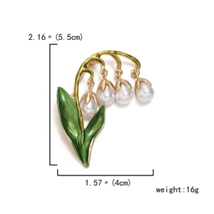 Detailed size specifications of lily of the valley brooch with enamel green leaves and pearls
