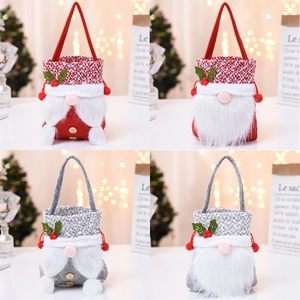Christmas Gnome Gift Bag Felt Faux Fur Drawstring Handheld Candy Pouch Festive Party Decor Faceless Old Man