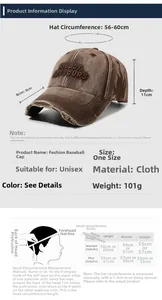 Size guide for vintage washed baseball cap showing dimensions and head measurements