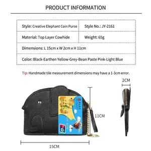 Genuine leather elephant coin purse with keychain and size specifications shown