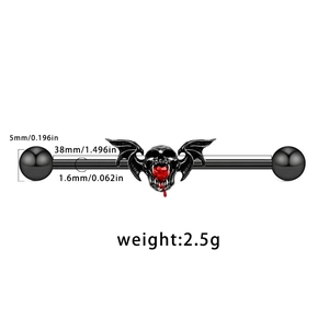 Industrial barbell detail with skull and red heart gem showing 38mm length dimensions