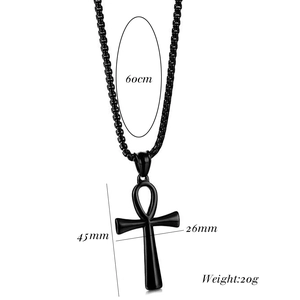 Detailed specs of the 45mm black Ankh cross pendant with a 60cm stainless steel chain