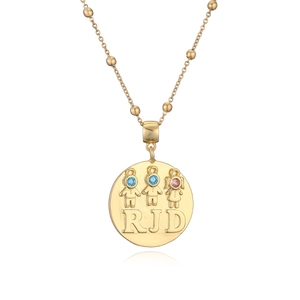 18K gold plated beaded chain necklace featuring a custom engraved round pendant with zircons