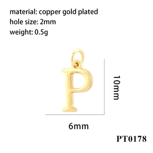 Detailed dimensions of letter P gold pendant showing 10mm height and 2mm hole size