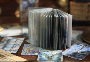 Macro view of vintage junk journal paper featuring antique butterfly and floral patterns