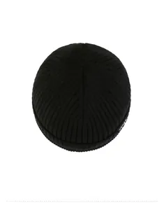 Top view of black knitted beanie with sport embroidery and star-shaped seam detail