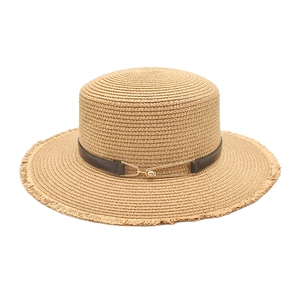Boater Straw Hat For Women Flat Top Wide Brim Sunshade Breathable With Frayed Edge Leather Band Decoration Summer Beach