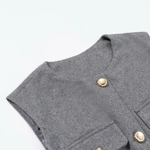 Détail du gilet gris à chevrons montrant le col en V et les boutons dorés