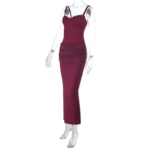 Detailed view of the burgundy slim fit midi dress featuring elegant lace waist pleats