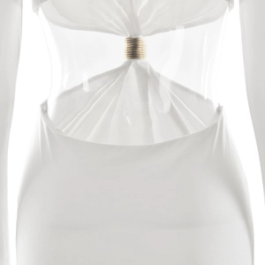 Detail of white deep V-neck dress featuring a stylish gold ring waist cutout design