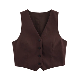 Classic dark brown slim fit V-neck waistcoat for women with four button closure