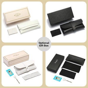 Détail du kit lunettes avec étuis en cuir, chiffon de nettoyage et mini outil inclus