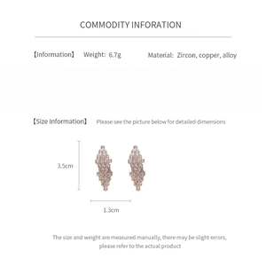 Detail specifications showing 3.5cm zircon rhombus earrings and material info