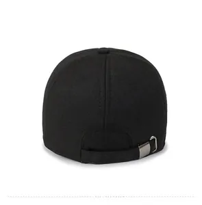 Detail of winter baseball cap back view showing silver metal buckle and fabric strap