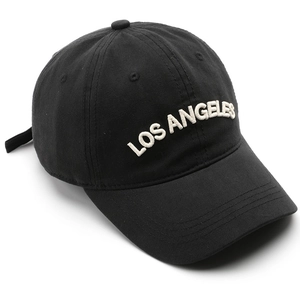 Classic black cotton baseball cap with white 3D embroidered Los Angeles logo lettering