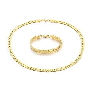 Flat NK snake bone chain necklace and bracelet set in polished gold titanium steel