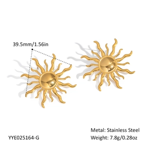 Detail view of 39.5mm sunburst stainless steel earrings with 18K gold plated finish