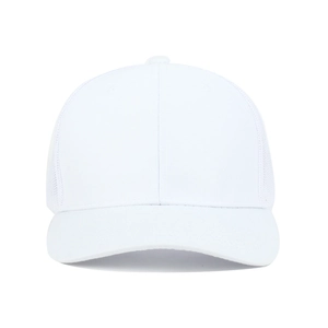 Front view of white mesh trucker hat featuring breathable panels and curved brim design