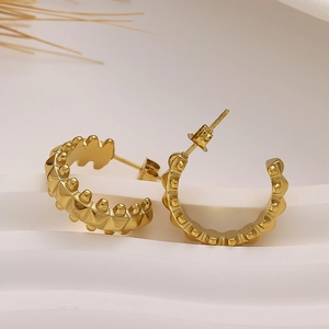 18k gold plated stainless steel C-shaped hoop earrings with textured stud surface