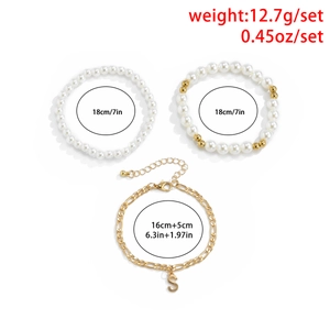Three-piece bohemian pearl and gold chain bracelet set with S-letter pendant charm