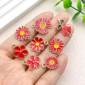 Handheld red enamel flower pendants with gold-plated alloy edges for DIY jewelry making