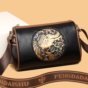 Vintage Elephant Embossed Round Barrel Crossbody Bag PU Leather Wide Woven Strap Shoulder Bag For Women