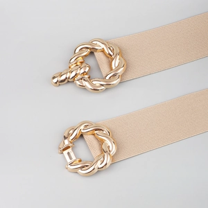Chic beige elastic waist belt with decorative gold woven round metal buckle for coats