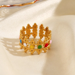 Anello a corona vintage francese in acciaio inossidabile placcato oro 18K con smalto