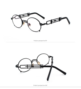 Detail view of steampunk round metal sunglasses with matte black frame and hollow structure