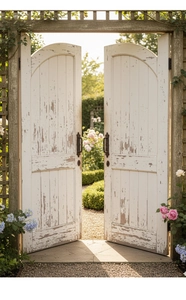 Close-up of vintage cast iron handle on a white distressed wooden garden gate