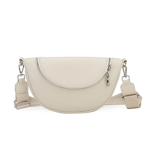 Chic cream white crescent crossbody bag with lychee grain texture and wide shoulder strap