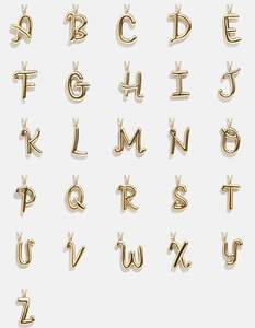 Macro view of 26 3D bubble style alphabet letter pendants in 18K gold stainless steel