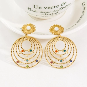 Bohemian gold stainless steel multi-hoop earrings with colorful stones and sunburst design