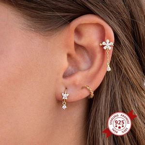 925 Sterling Silver minimalist beaded hoop earrings with butterfly pendant for women
