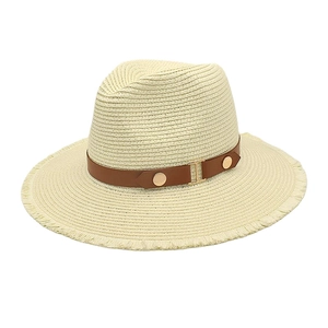 Women's cream straw Panama hat with frayed brim and brown leather belt with gold buckle