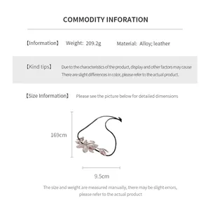 Detailed size guide for leather rope belt showing 169cm length and 9.5cm tulip pendant