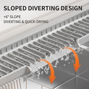 Grey silicone sink faucet mat with 6-degree slope design for efficient water drainage