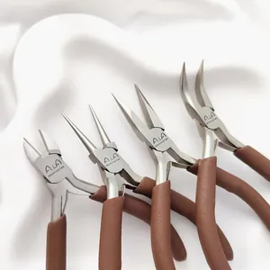 Set of four professional jewelry pliers with brown anti-slip handles on a white background