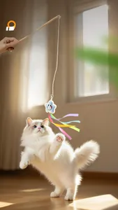 Ragdoll-Katze springt nach Katzenangel mit Plüschstern und bunten langen Bändern